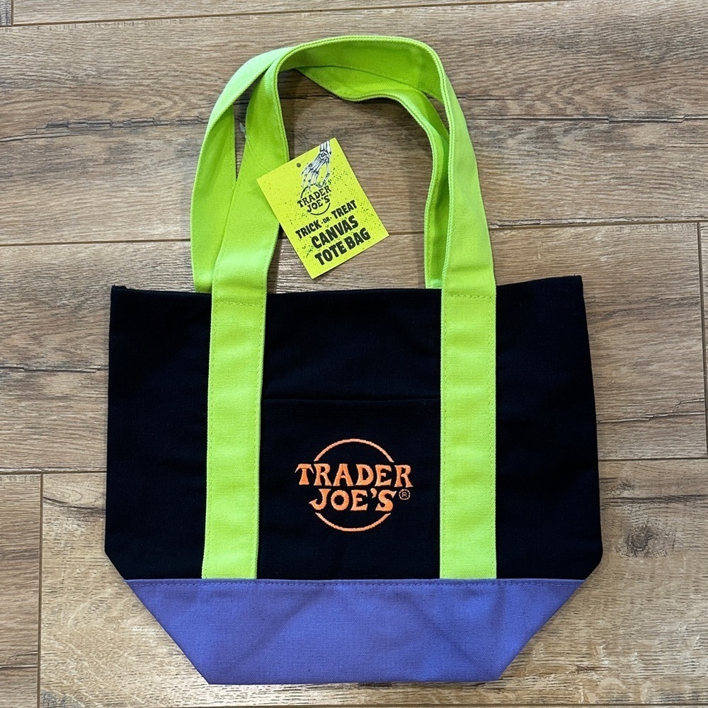 Trader Joe's Black and Purple Canvas Tote Bag